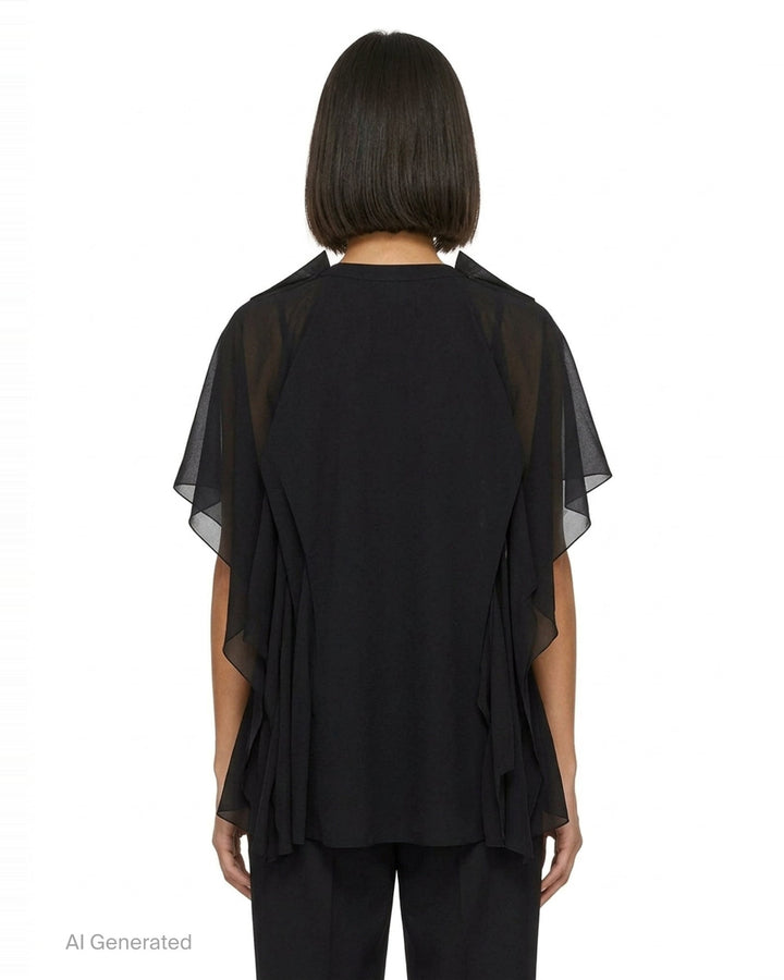 Comme des Garçons asymmetrical panelled oversize tee in black, featuring sheer chiffon flutter cape panels over an opaque jersey body, shown flat on white background - back