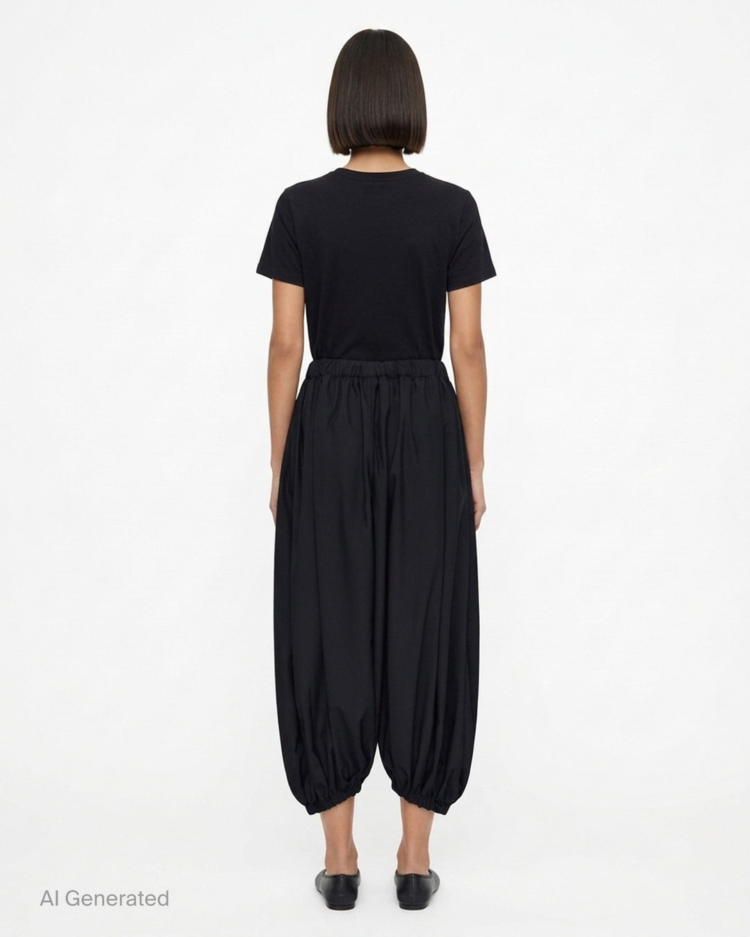 Black balloon pants with an elasticated waist and gathered hems by Comme des Garçons - back