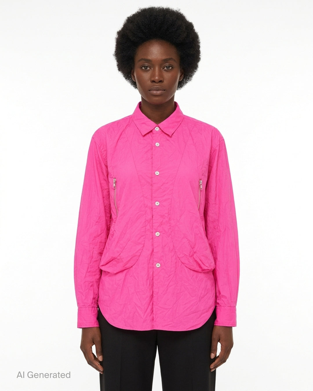 Comme des Garçons Black long sleeve pink crinkled shirt with curved seams, draped hem and side zip pockets - front