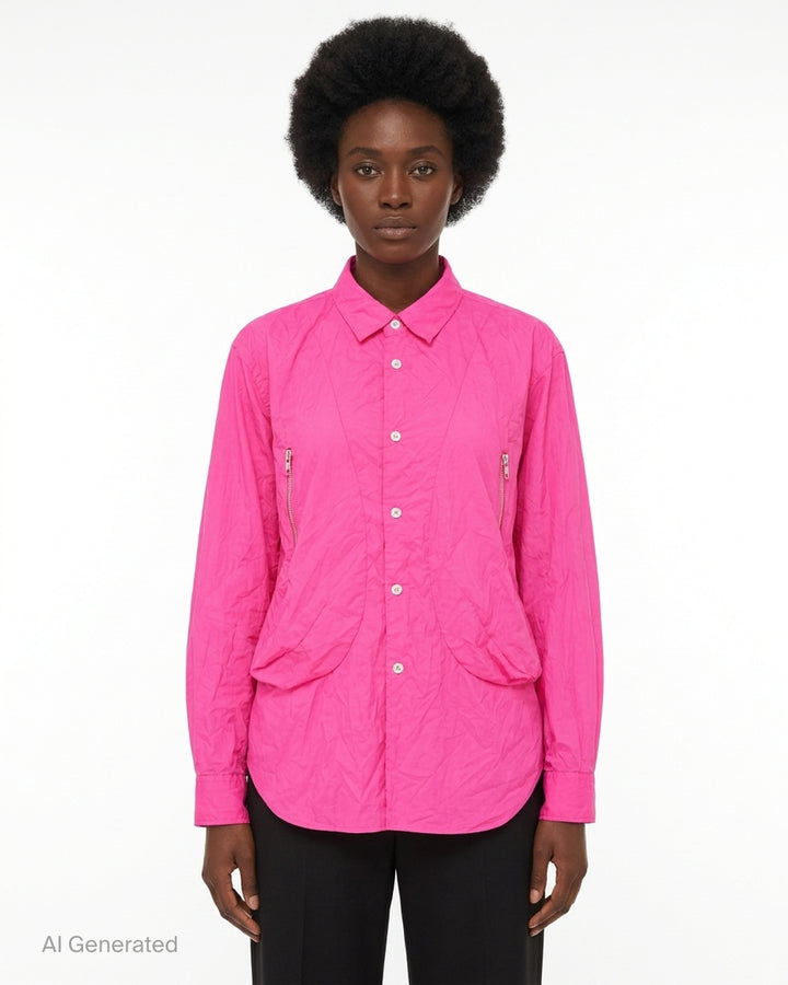 Comme des Garçons Black long sleeve pink crinkled shirt with curved seams, draped hem and side zip pockets - front