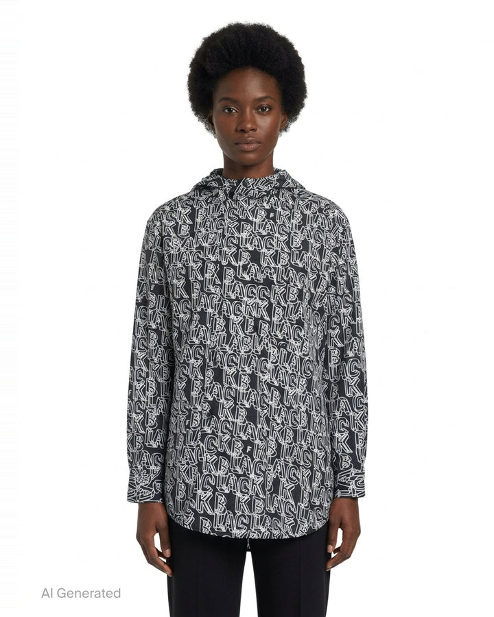 Comme des Garçons Black long sleeve hooded shirt with Filip Pagowski all-over 'BLACK' text print in white outline lettering on a dark ground, back view - front