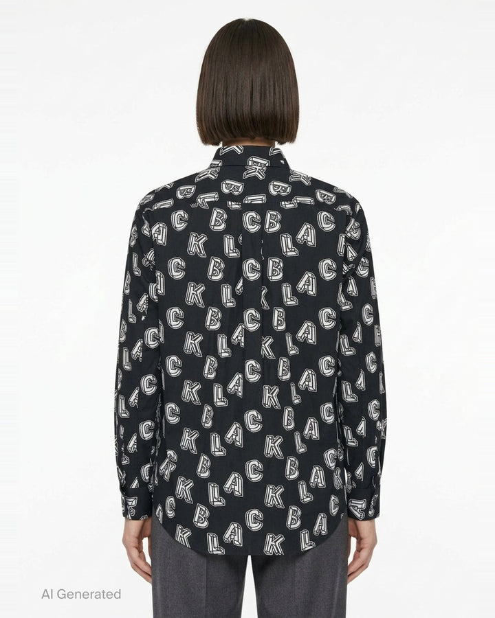 Comme des Garçons BLACK Filip Pagowski long sleeve black cotton shirt with all-over 3D white typographic letterform print and zip detailing on the front panels - back