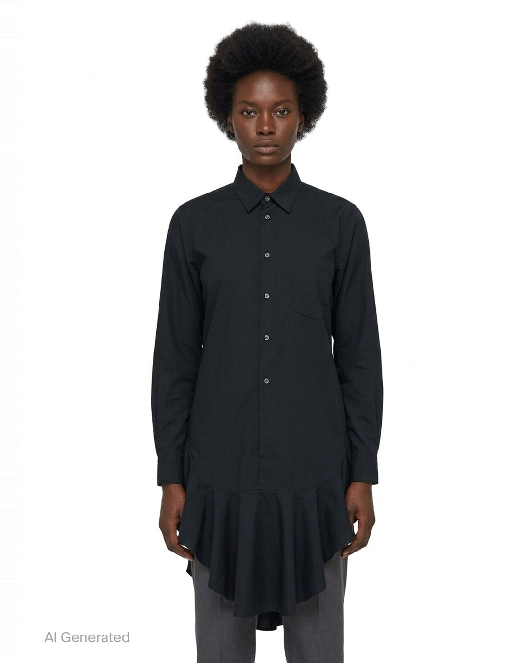 Comme des Garçons Black long sleeve navy polyester broadcloth shirt with dramatic gathered frill flounce at the hem and button-front fastening - front