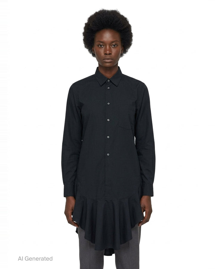 Comme des Garçons Black long sleeve navy polyester broadcloth shirt with dramatic gathered frill flounce at the hem and button-front fastening - front