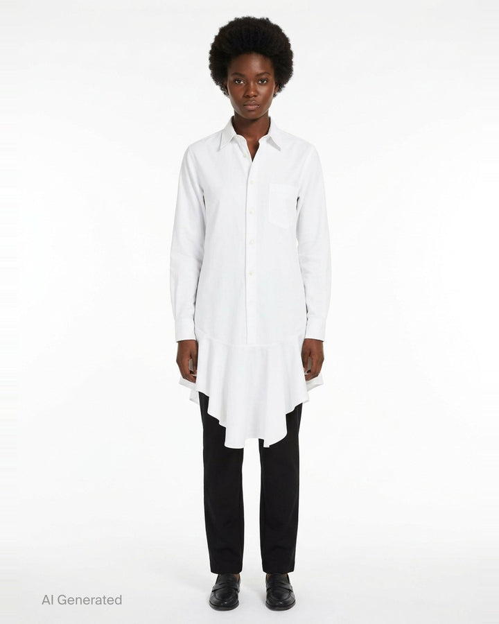 Comme des Garçons Black long sleeve navy polyester broadcloth shirt with dramatic gathered frill flounce at the hem and button-front fastening - front