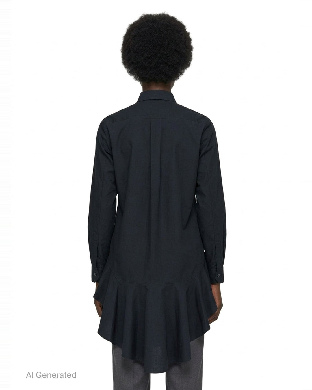 Comme des Garçons Black long sleeve navy polyester broadcloth shirt with dramatic gathered frill flounce at the hem and button-front fastening - back