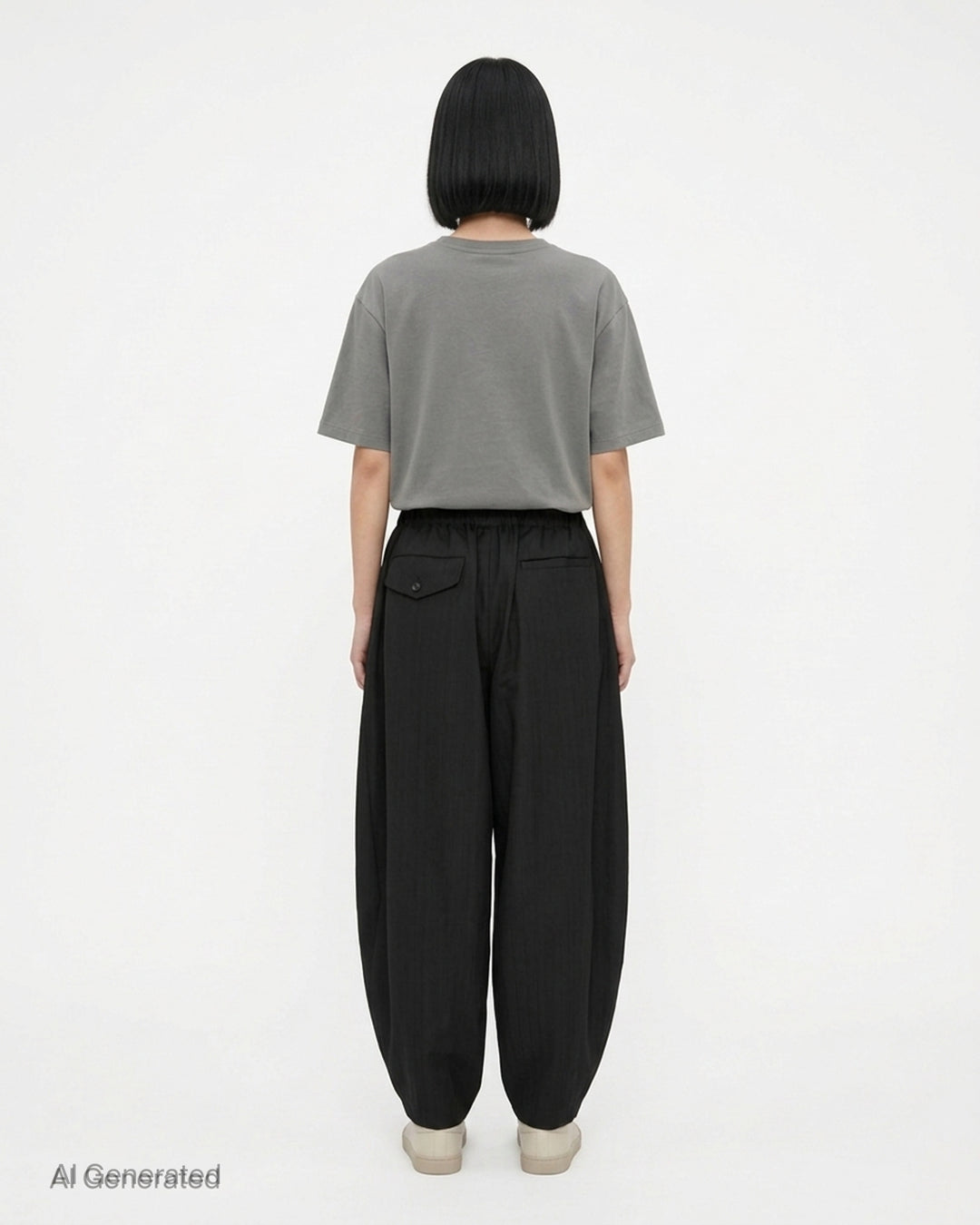 Comme des Garçons Black pleated balloon trousers in a herringbone wool blend with an elasticated waist, shown from the front - back