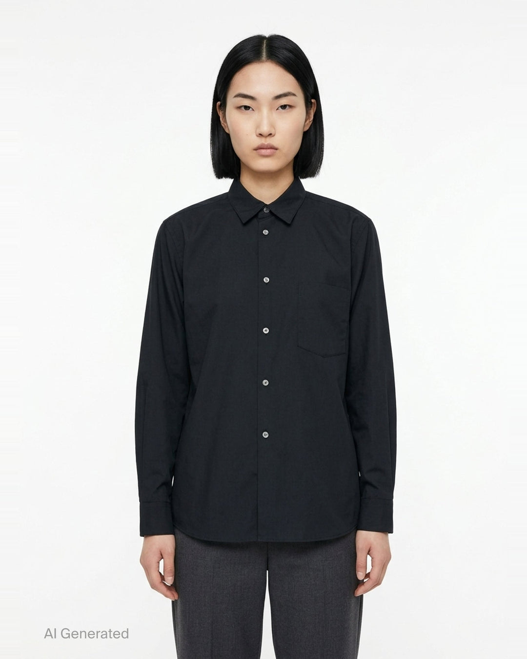 Comme des Garçons Black long sleeve polyester broad shirt in navy, featuring a point collar, tonal buttons, and a chest patch pocket - front