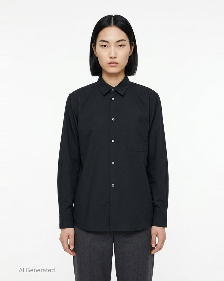 Comme des Garçons Black long sleeve polyester broad shirt in navy, featuring a point collar, tonal buttons, and a chest patch pocket - front