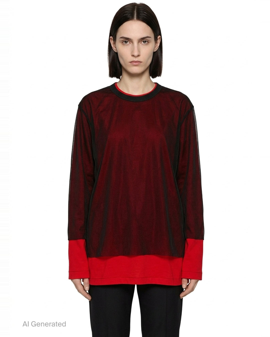 Comme des Garçons asymmetrical panelled oversize tee in black, featuring sheer chiffon flutter cape panels over an opaque jersey body, shown flat on white background - front