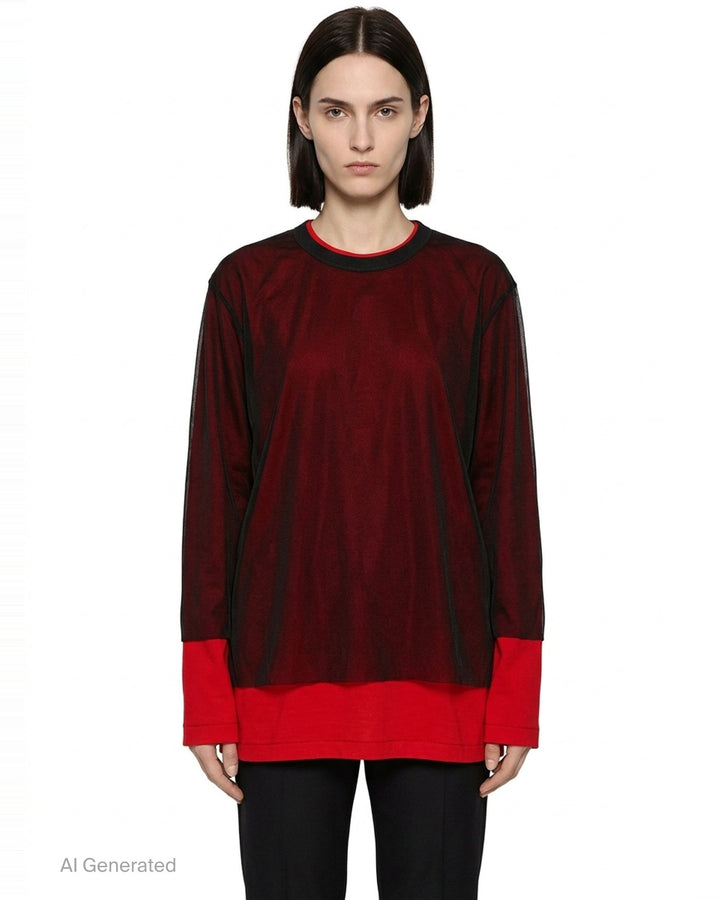 Comme des Garçons asymmetrical panelled oversize tee in black, featuring sheer chiffon flutter cape panels over an opaque jersey body, shown flat on white background - front