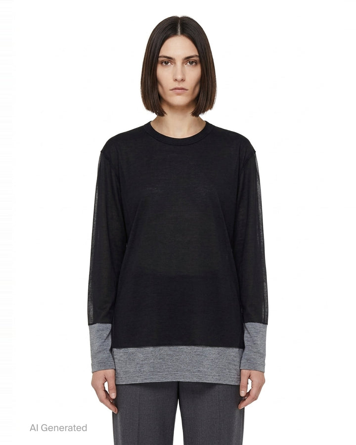 Comme des Garçons asymmetrical panelled oversize tee in black, featuring sheer chiffon flutter cape panels over an opaque jersey body, shown flat on white background - front