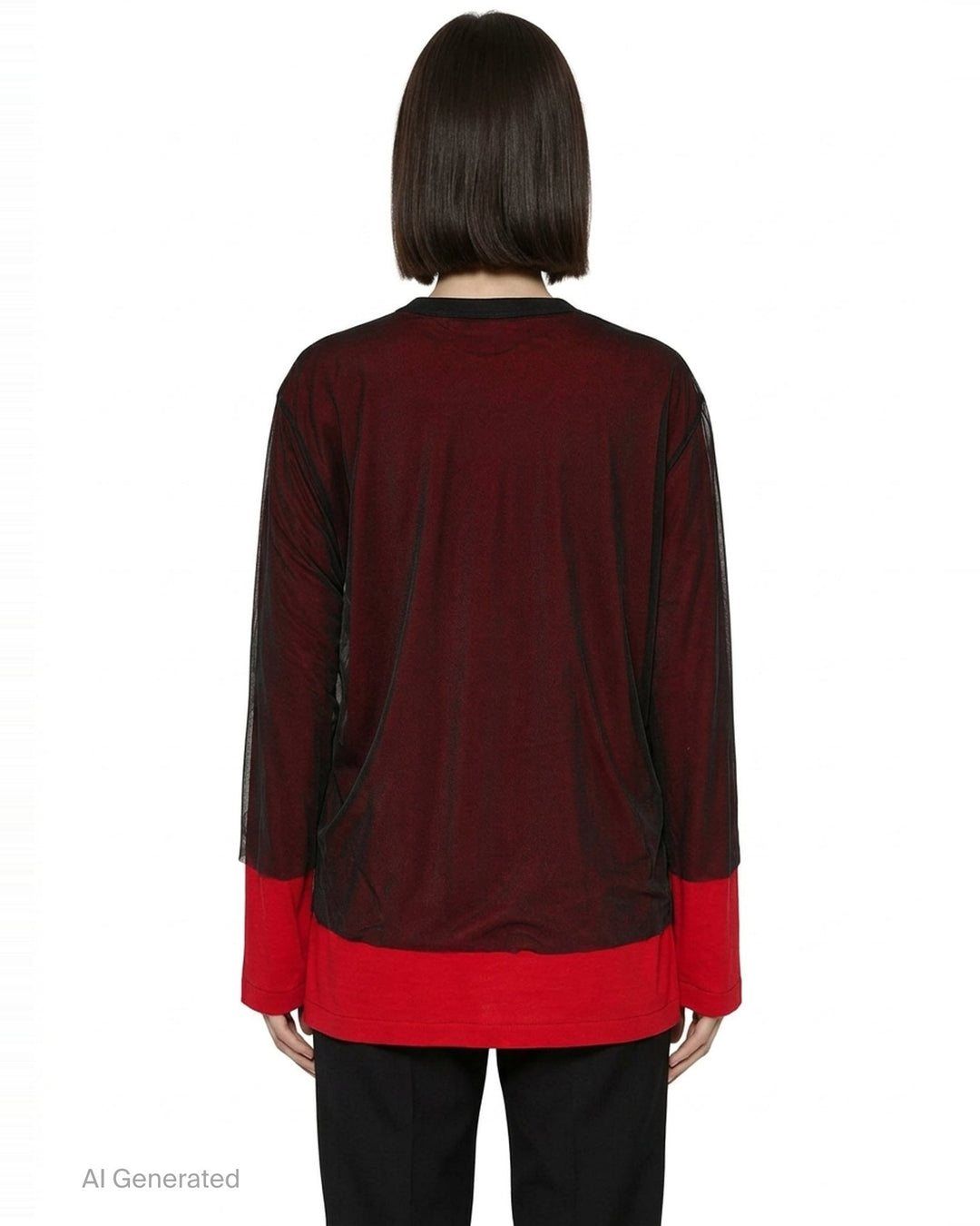 Comme des Garçons asymmetrical panelled oversize tee in black, featuring sheer chiffon flutter cape panels over an opaque jersey body, shown flat on white background - back