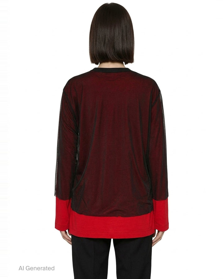Comme des Garçons asymmetrical panelled oversize tee in black, featuring sheer chiffon flutter cape panels over an opaque jersey body, shown flat on white background - back