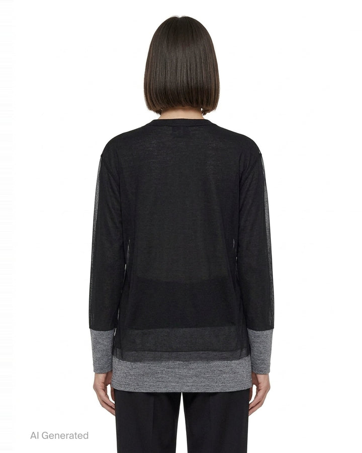 Comme des Garçons asymmetrical panelled oversize tee in black, featuring sheer chiffon flutter cape panels over an opaque jersey body, shown flat on white background - back