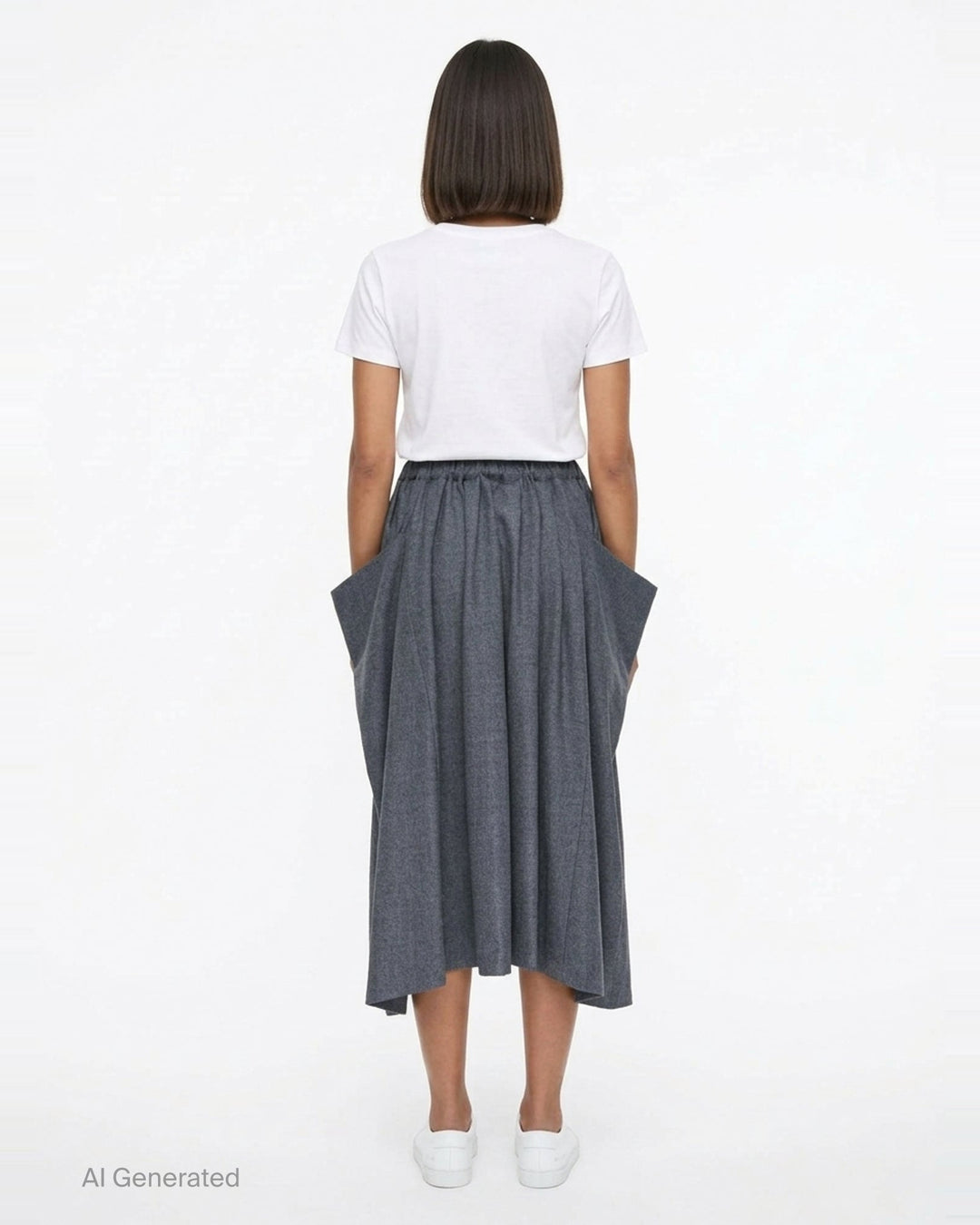 Comme des Garçons Comme des Garçons gathered waist draped skirt in heathered grey, shown flat with sculptural side panels and pleated centre front - back