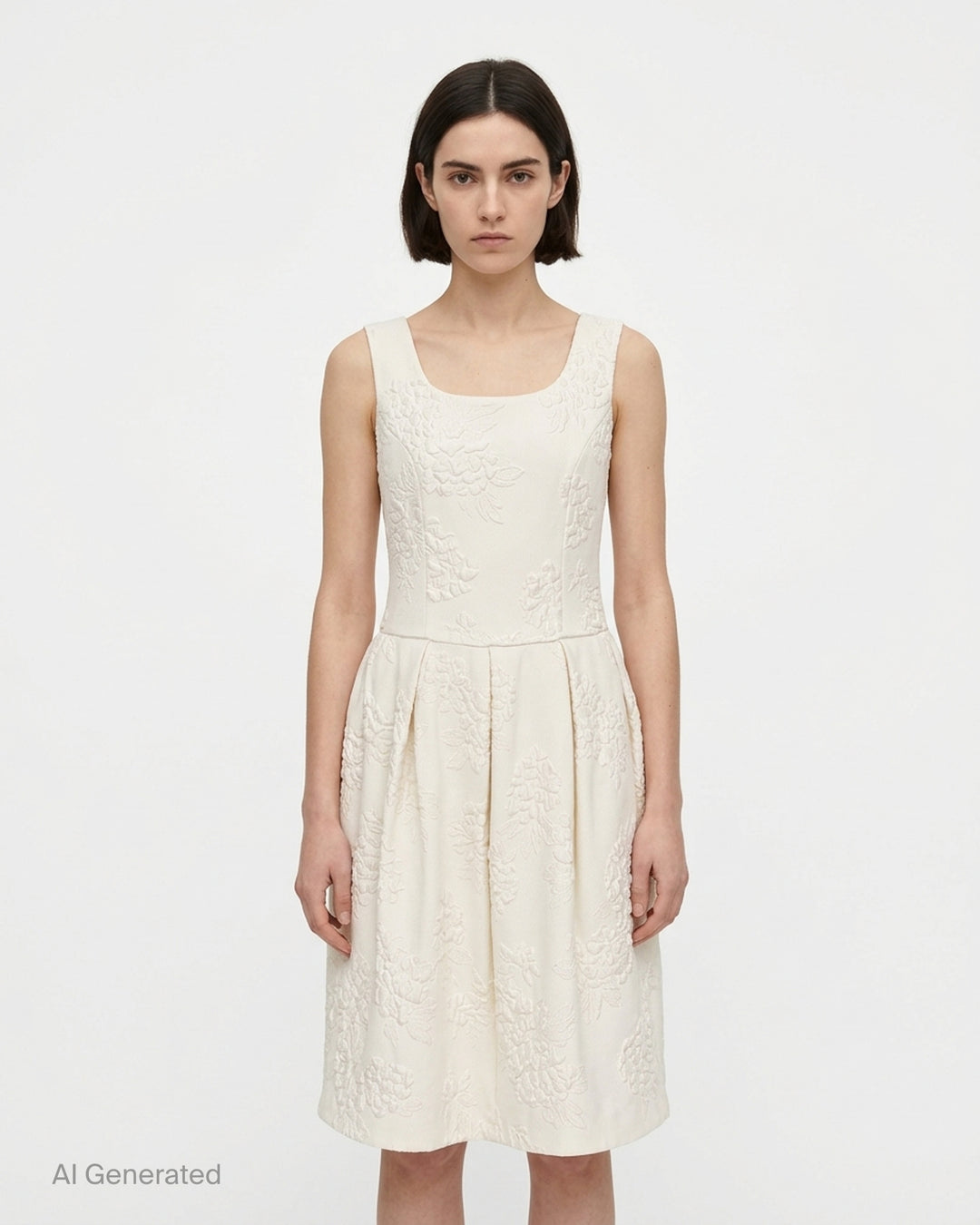 Cream sleeveless Comme des Garçons Comme des Garçons dress in raised floral jacquard with a fitted bodice and pleated skirt - front