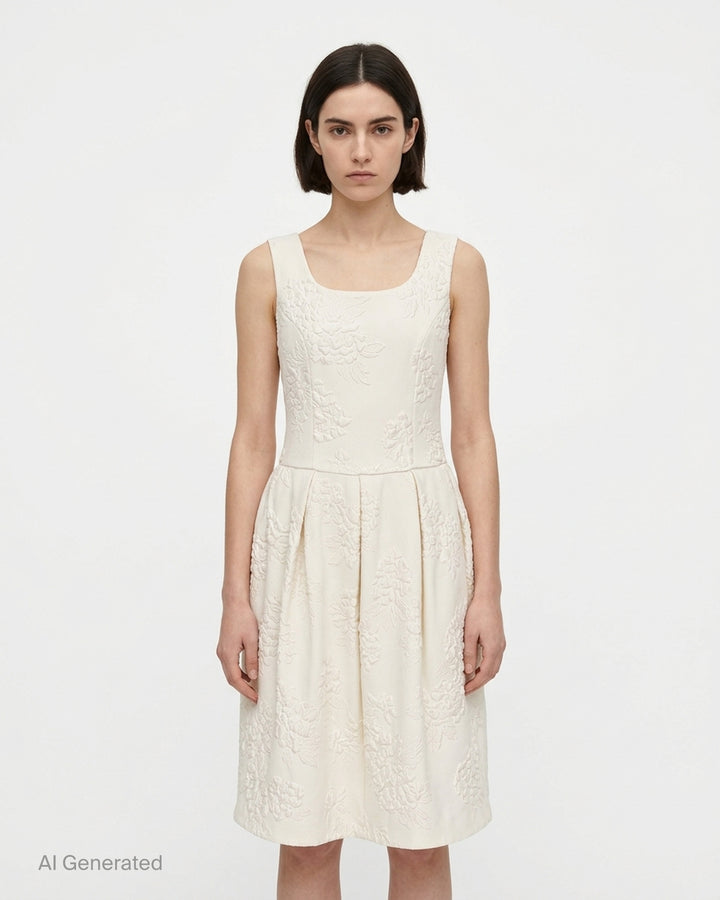 Cream sleeveless Comme des Garçons Comme des Garçons dress in raised floral jacquard with a fitted bodice and pleated skirt - front