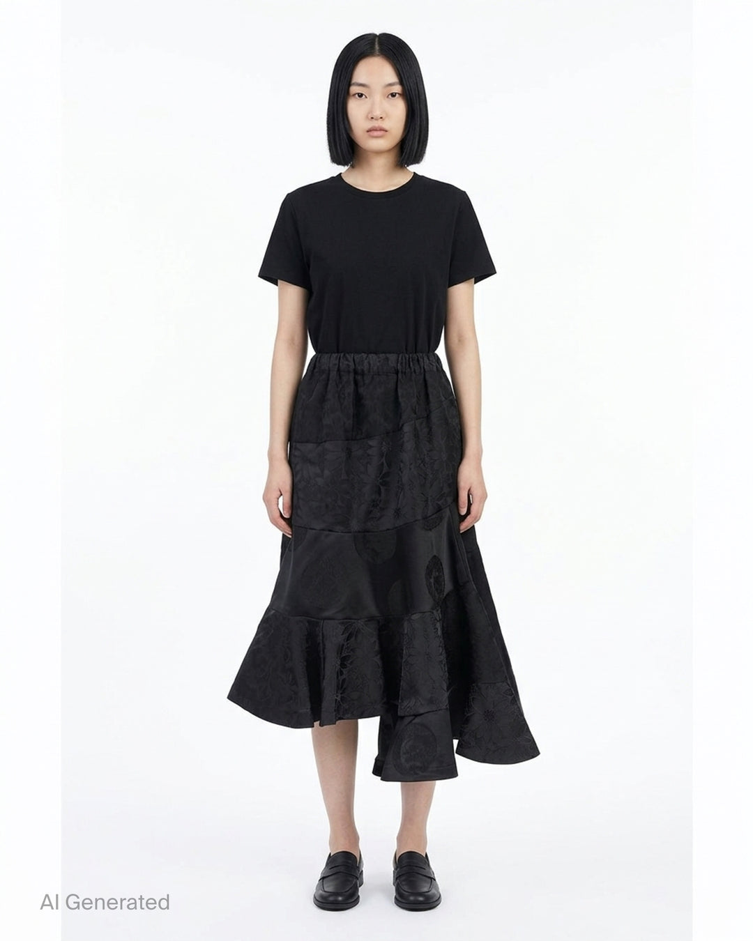 Black jacquard patchwork midi skirt with elasticated waist and asymmetric tiered flounce hem by Comme des Garçons Comme des Garçons - front