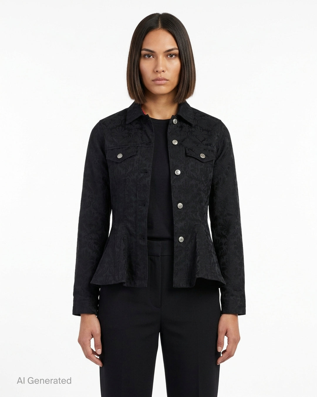 Comme des Garçons Comme des Garçons black damask jacquard peplum jacket with silver buttons and chest flap pockets, front view - front