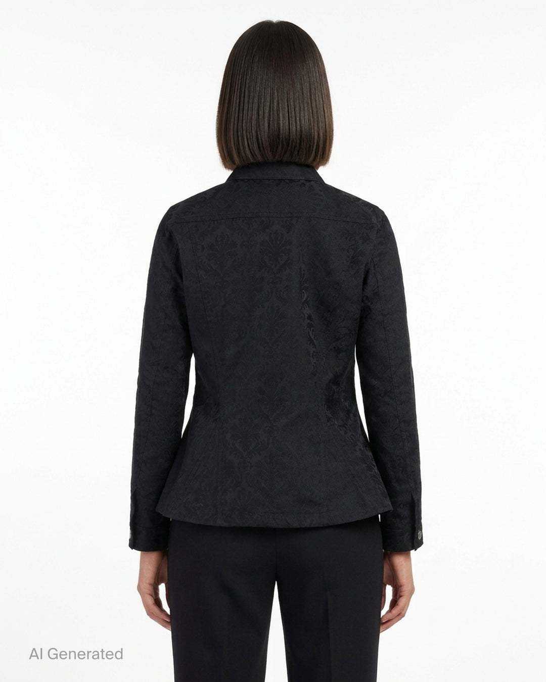 Comme des Garçons Comme des Garçons black damask jacquard peplum jacket with silver buttons and chest flap pockets, front view - back