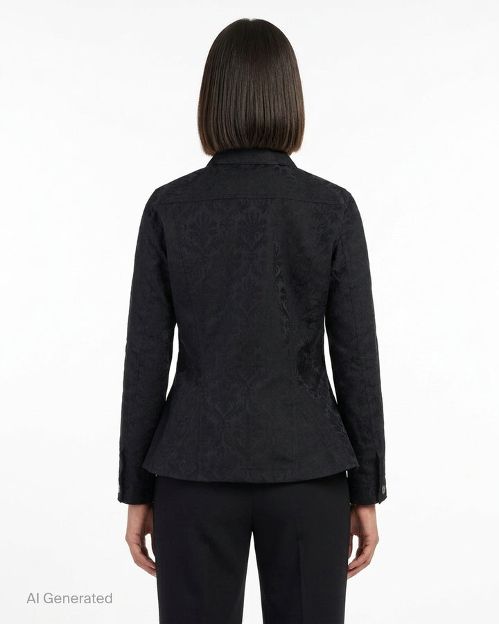 Comme des Garçons Comme des Garçons black damask jacquard peplum jacket with silver buttons and chest flap pockets, front view - back