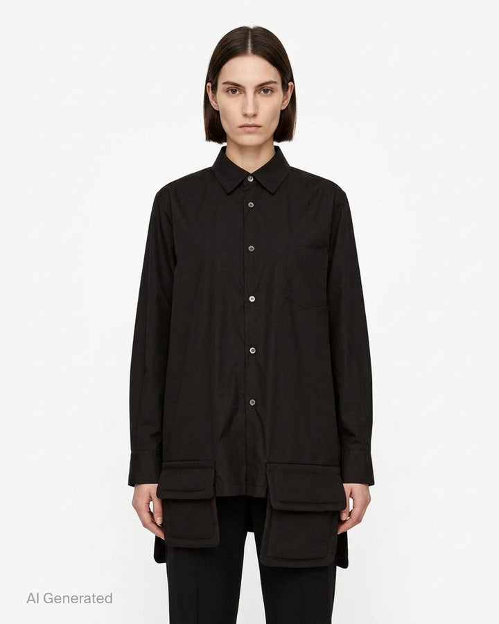 Black long sleeve shirt with asymmetric hem and padded flap pockets by Comme des Garçons Comme des Garçons - front