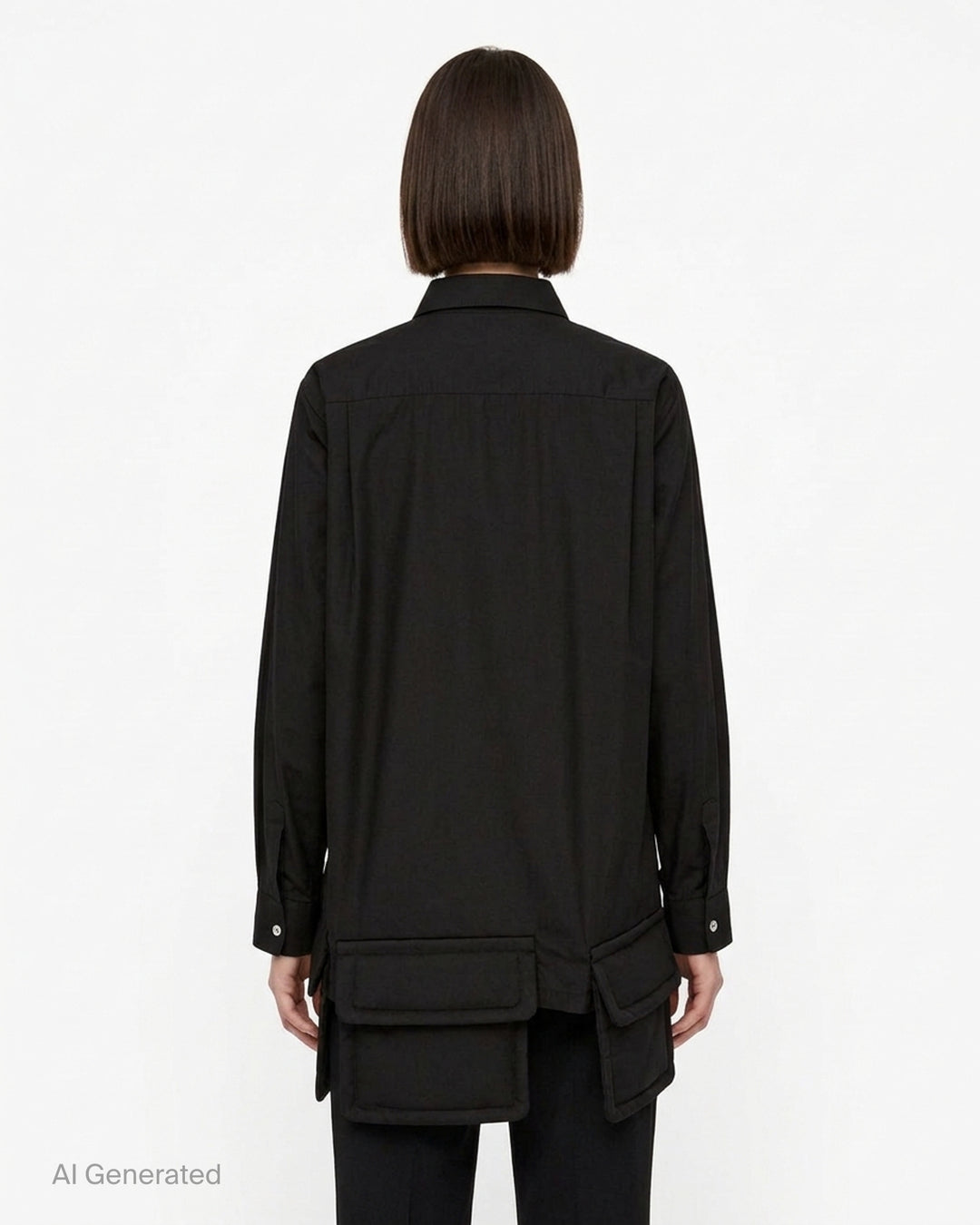 Black long sleeve shirt with asymmetric hem and padded flap pockets by Comme des Garçons Comme des Garçons - back
