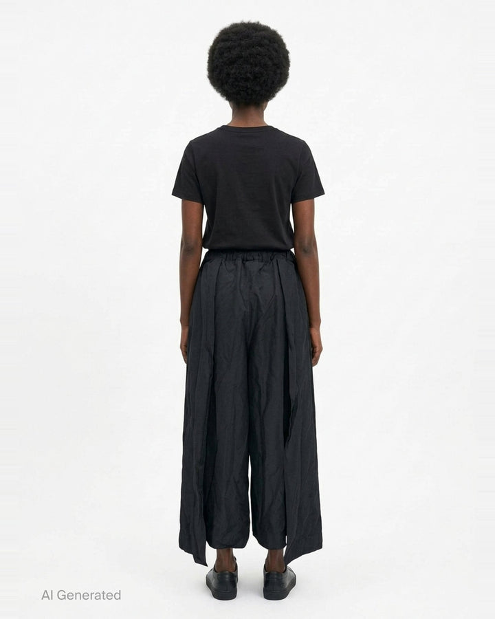 Comme des Garçons Comme des Garçons relaxed wide leg black drawstring pants with elasticated waistband and voluminous crinkled drape, shown flat on white background - back