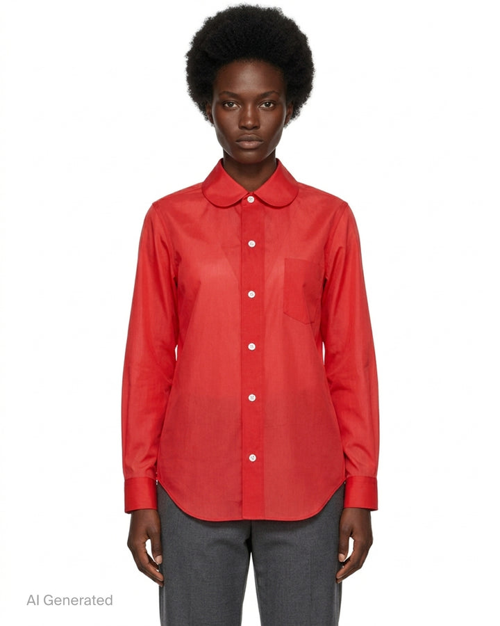 Red semi-sheer Comme des Garçons Comme des Garçons button-down shirt with a rounded collar, white buttons and a chest pocket - front