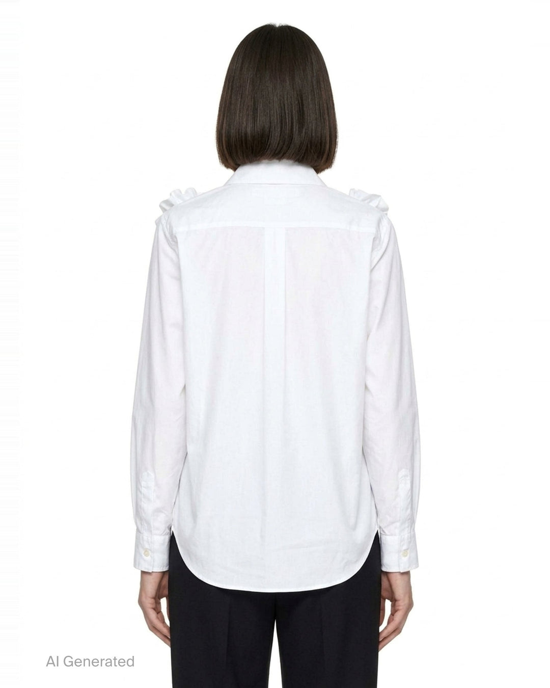 Comme des Garçons Comme des Garçons black satin blouse with dramatic tiered gathered ruffle bib front, long sleeves, point collar, and button fastening, on a white background - back