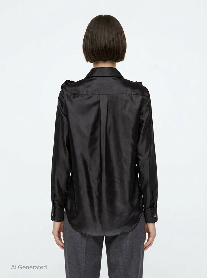 Comme des Garçons Comme des Garçons black satin blouse with dramatic tiered gathered ruffle bib front, long sleeves, point collar, and button fastening, on a white background - back