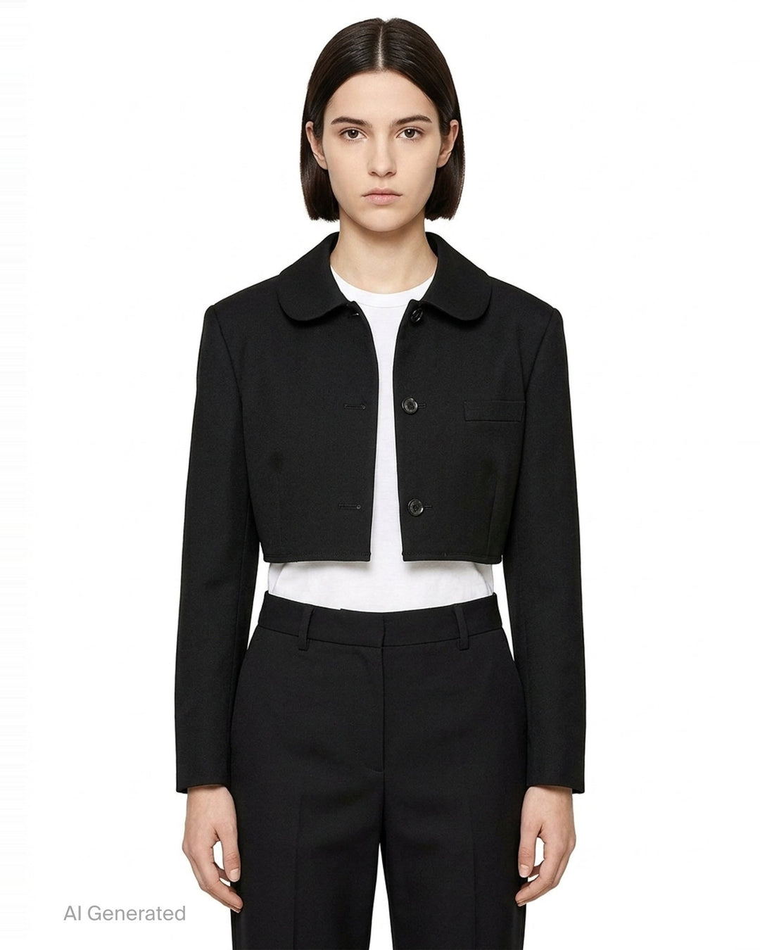 Comme des Garçons black sculptural asymmetric blazer with deconstructed layered lapels, mother-of-pearl buttons, and asymmetric hem revealing satin lining, photographed flat on white background - front