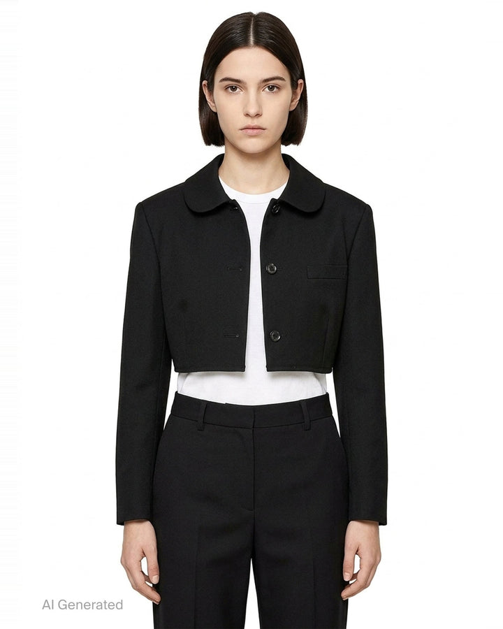 Comme des Garçons black sculptural asymmetric blazer with deconstructed layered lapels, mother-of-pearl buttons, and asymmetric hem revealing satin lining, photographed flat on white background - front