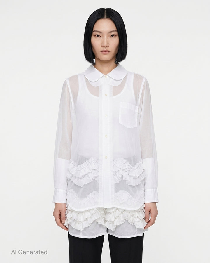 Black sheer organza longline blouse with a rounded collar, button front and gathered taffeta ruffles at the hem by Comme des Garçons Comme des Garçons - front