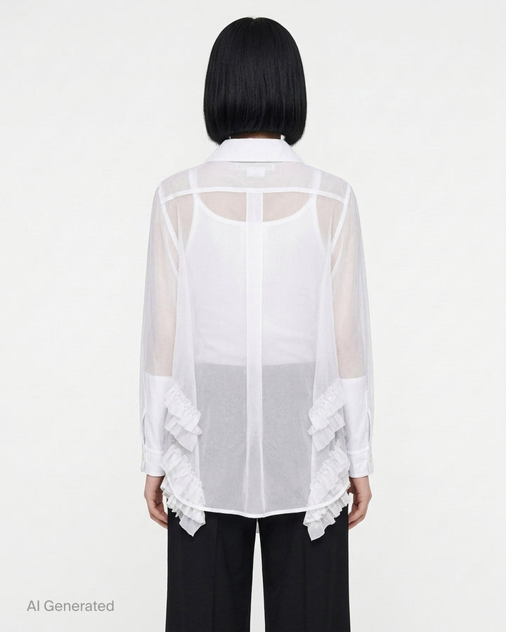 Black sheer organza longline blouse with a rounded collar, button front and gathered taffeta ruffles at the hem by Comme des Garçons Comme des Garçons - back