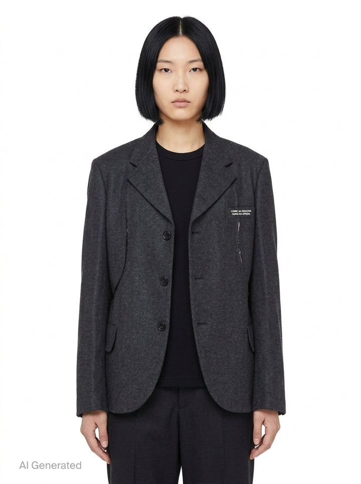 Comme des Garçons Comme des Garçons charcoal grey single-breasted tailored blazer with deconstructed double-lapel detail and three-button closure, styled flat on a white background - front