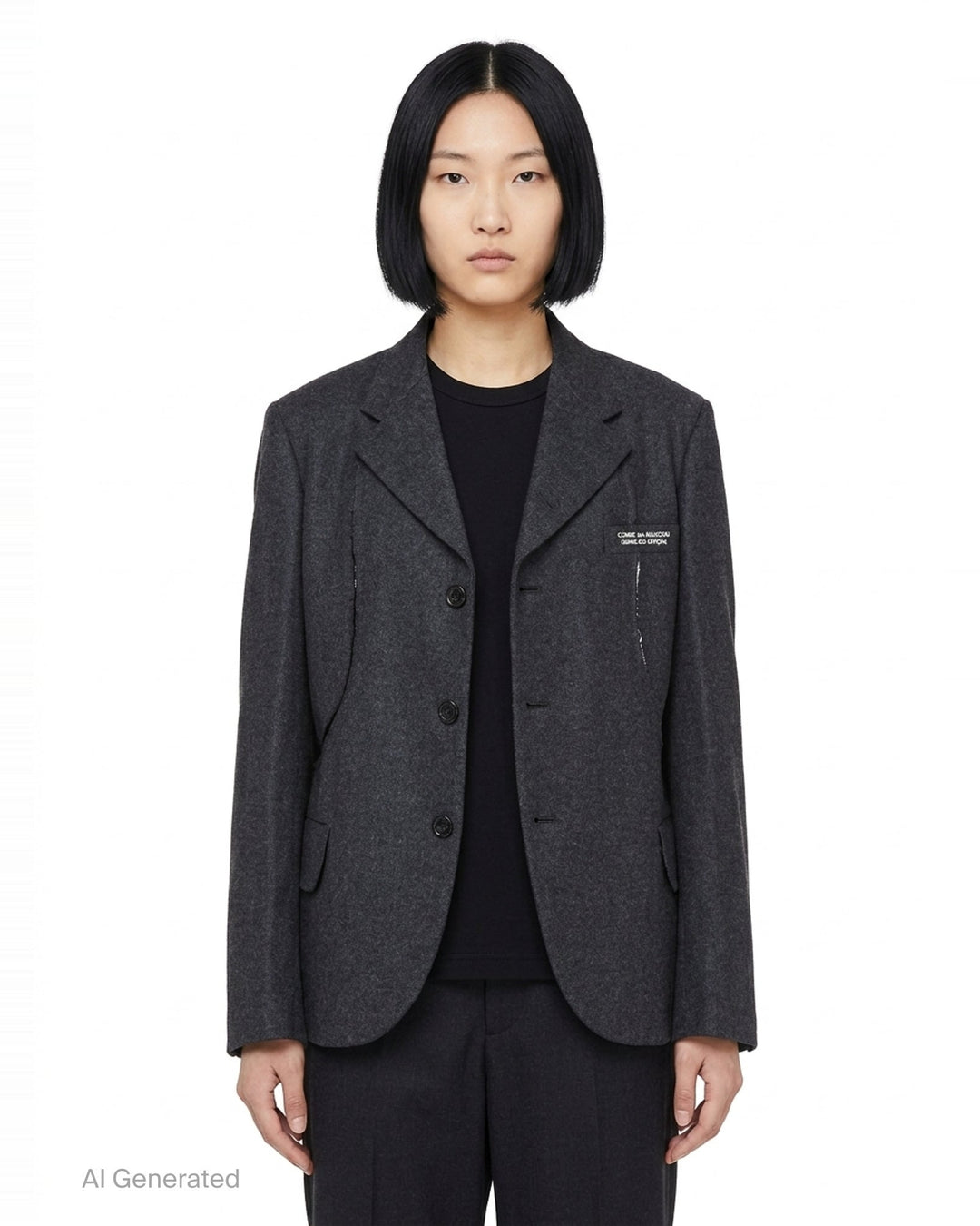 Comme des Garçons Comme des Garçons charcoal grey single-breasted tailored blazer with deconstructed double-lapel detail and three-button closure, styled flat on a white background - front