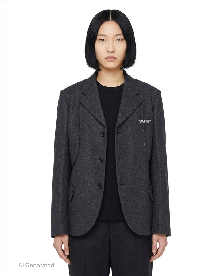 Comme des Garçons Comme des Garçons charcoal grey single-breasted tailored blazer with deconstructed double-lapel detail and three-button closure, styled flat on a white background - front