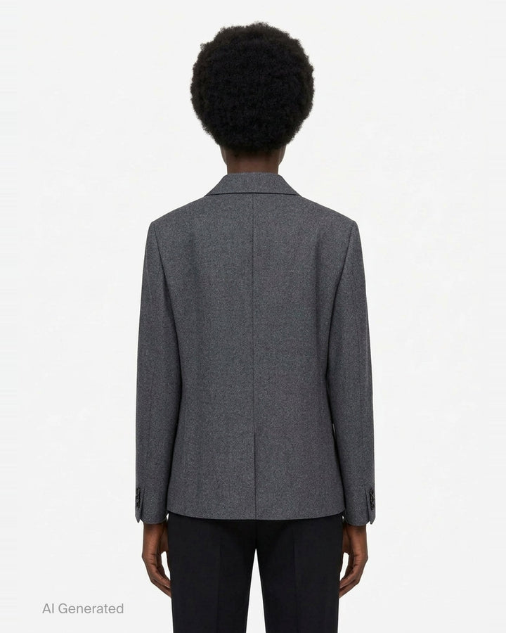 Comme des Garçons Comme des Garçons charcoal grey single-breasted tailored blazer with deconstructed double-lapel detail and three-button closure, styled flat on a white background - back