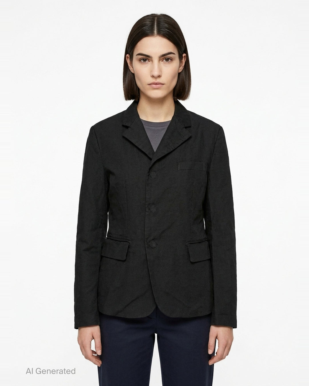Comme des Garçons Comme des Garçons black tailored single-breasted blazer with notched lapels, three-button closure, chest welt pocket, and flap pockets at the hem, displayed flat on a white background. - front