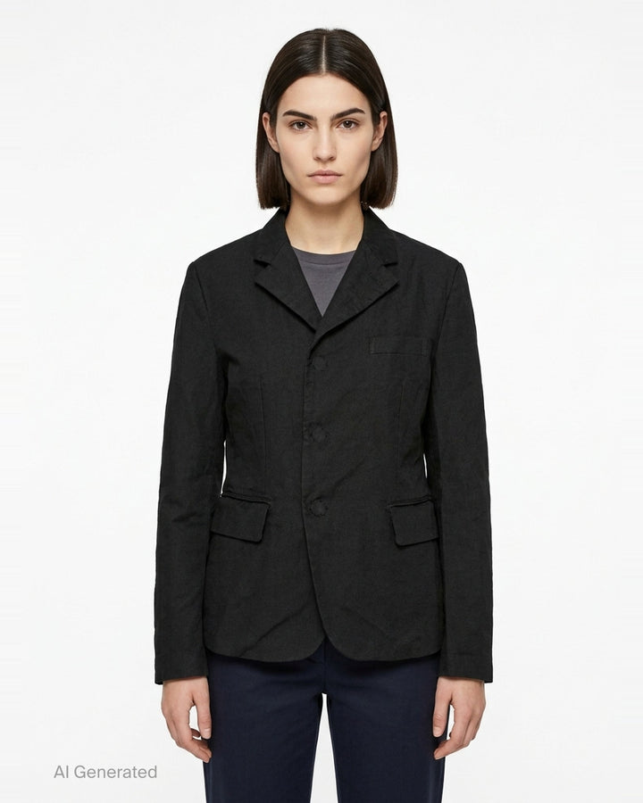 Comme des Garçons Comme des Garçons black tailored single-breasted blazer with notched lapels, three-button closure, chest welt pocket, and flap pockets at the hem, displayed flat on a white background. - front