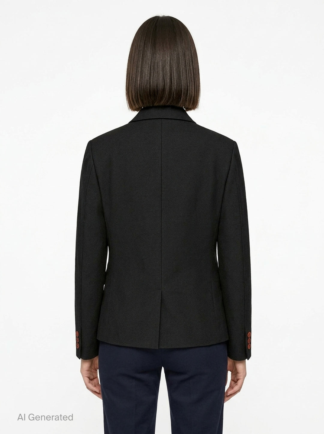 Comme des Garçons Comme des Garçons black tailored single-breasted blazer with notched lapels, three-button closure, chest welt pocket, and flap pockets at the hem, displayed flat on a white background. - back