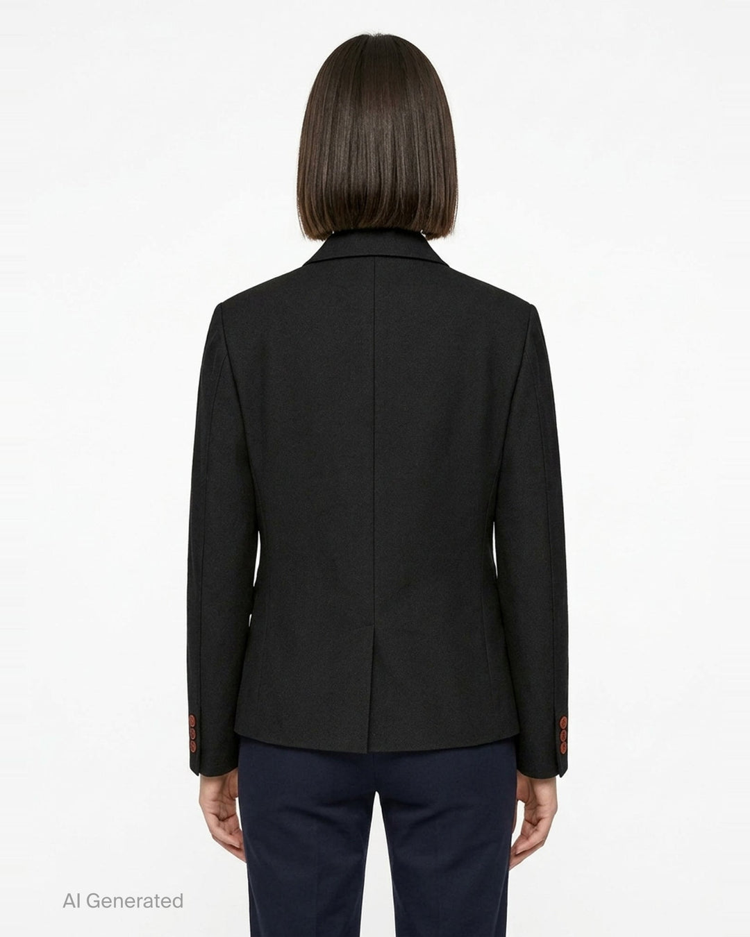 Comme des Garçons Comme des Garçons black tailored single-breasted blazer with notched lapels, three-button closure, chest welt pocket, and flap pockets at the hem, displayed flat on a white background. - back