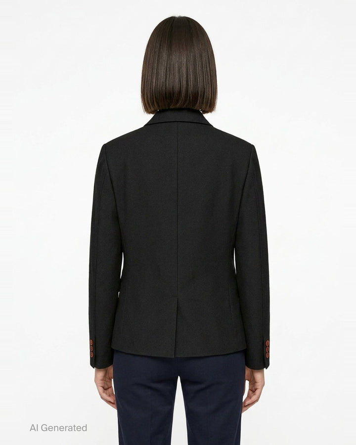 Comme des Garçons Comme des Garçons black tailored single-breasted blazer with notched lapels, three-button closure, chest welt pocket, and flap pockets at the hem, displayed flat on a white background. - back