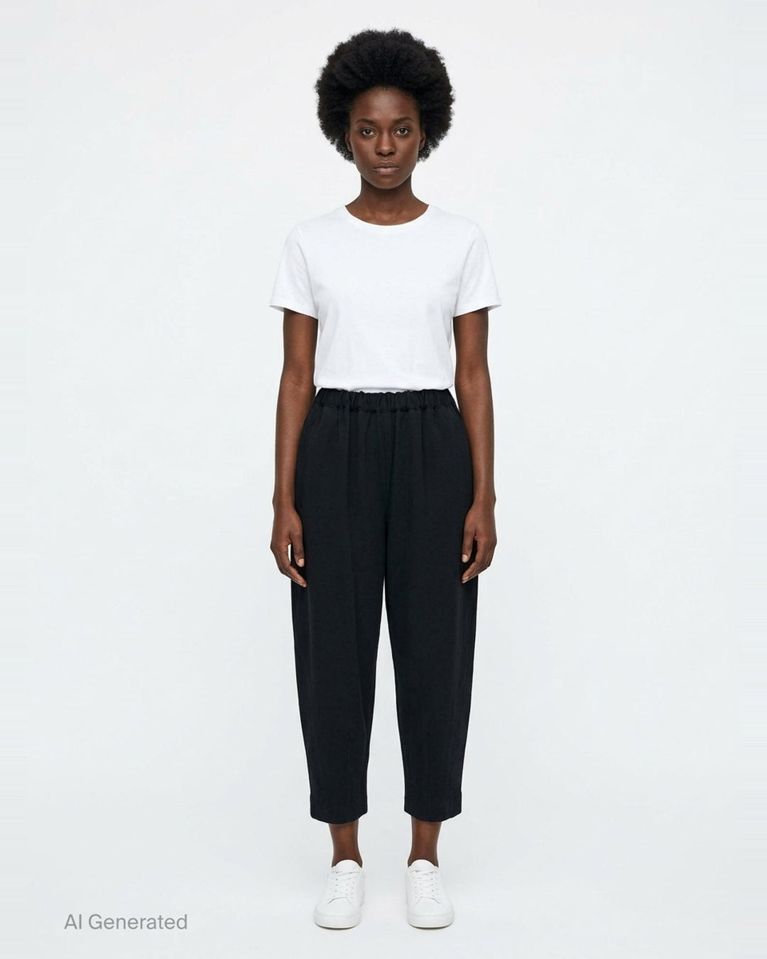 Comme des Garçons Comme des Garçons black tapered cocoon pants with elasticated ruched waistband and cropped narrow hem, front view - front