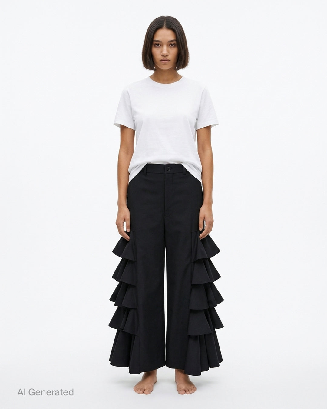 Black wide-leg cropped pants with cascading tiered ruffles down both sides, shown from the front against a white background - front
