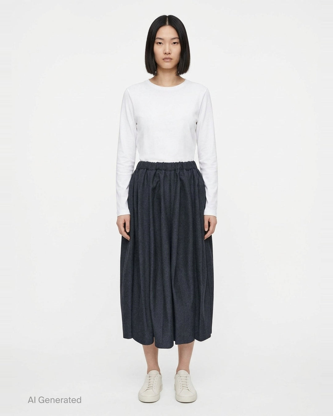 Comme des Garçons Comme des Garçons voluminous cocoon midi skirt in charcoal grey with elasticated drawstring waist and gathered sculptural silhouette, displayed flat on white background - front