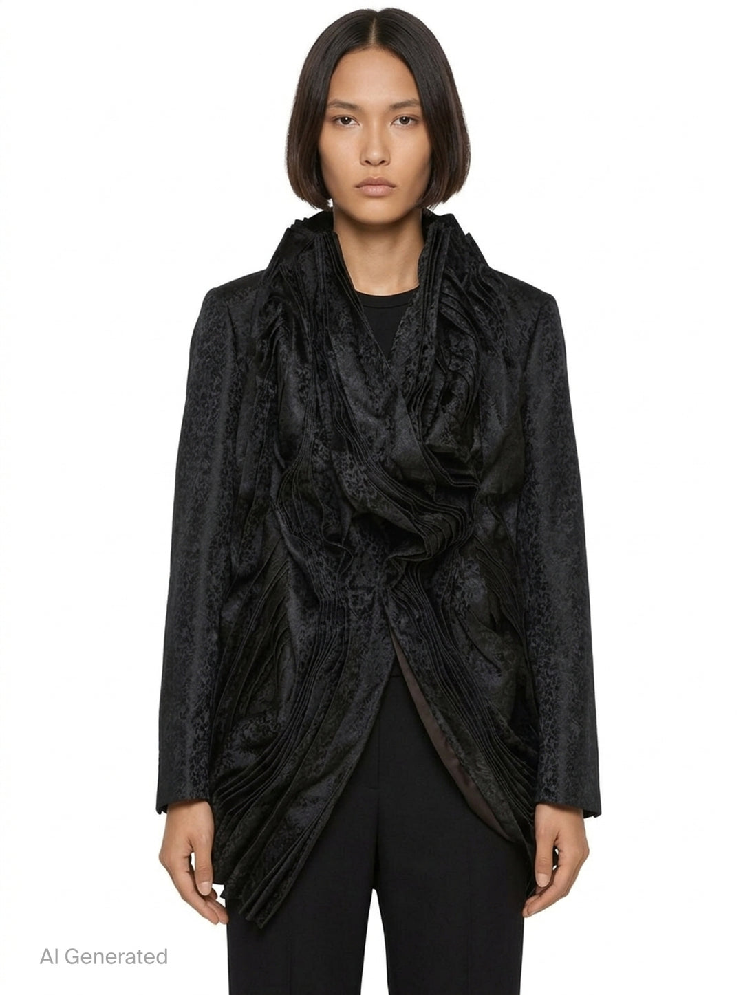 Comme des Garçons deconstructed black floral jacquard jacket with cascading accordion-pleated ruffle panel from collar to hem, shown on white background - front