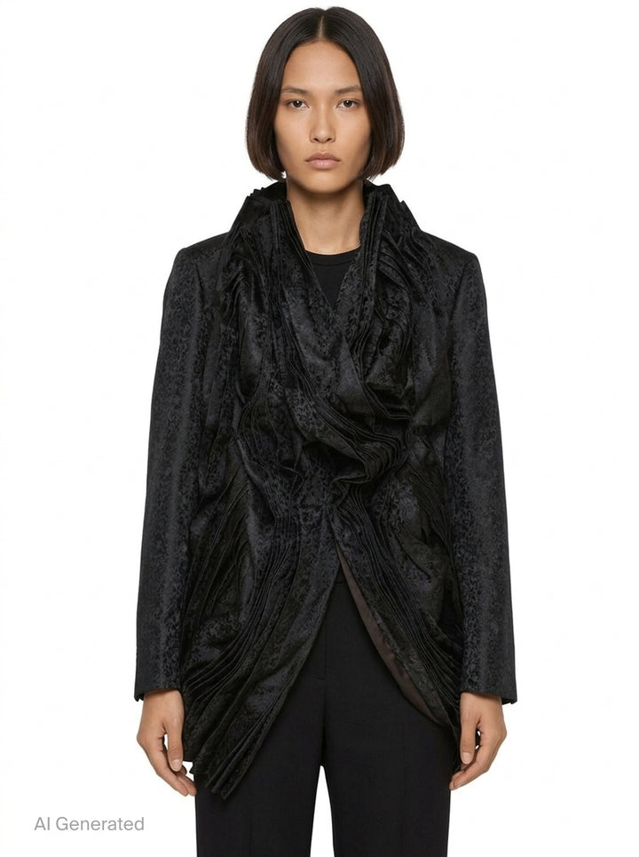 Comme des Garçons deconstructed black floral jacquard jacket with cascading accordion-pleated ruffle panel from collar to hem, shown on white background - front